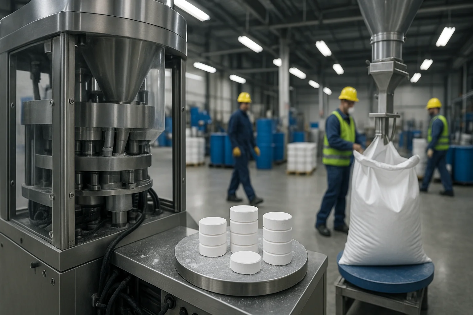 swimming pool chemical production process — pool chemical production and packing area with tablet press and bag filling equipment | Global Formulation