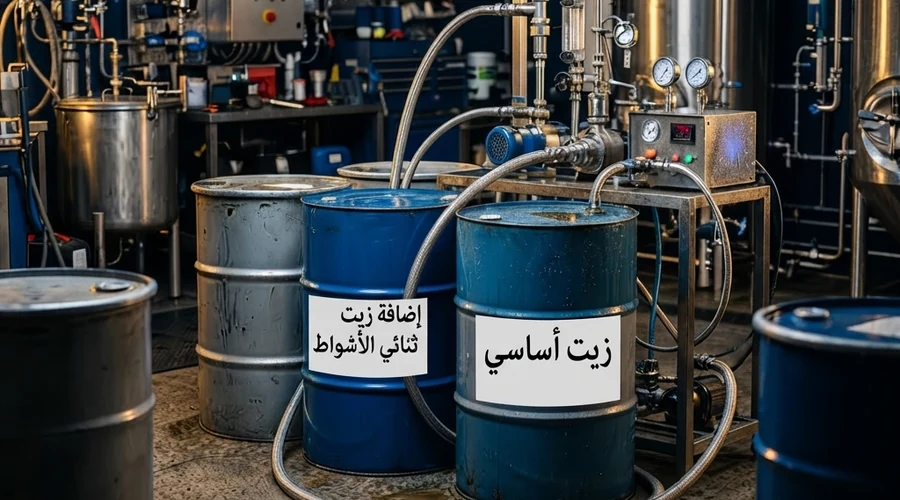 إعداد معدات زيت الدراجات النارية — براميل حزمة إضافات زيت ثنائي الأشواط وبراميل الزيت الأساسي في منشأة خلط مدمجة | Global Formulation