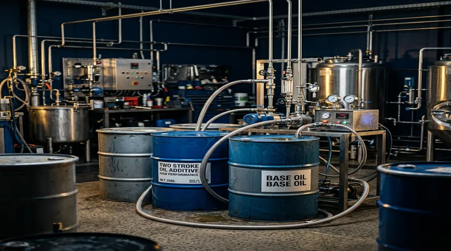 motorcycle oil equipment setup — two stroke oil additive package drums and base oil barrels in a compact blending facility | Global Formulation
