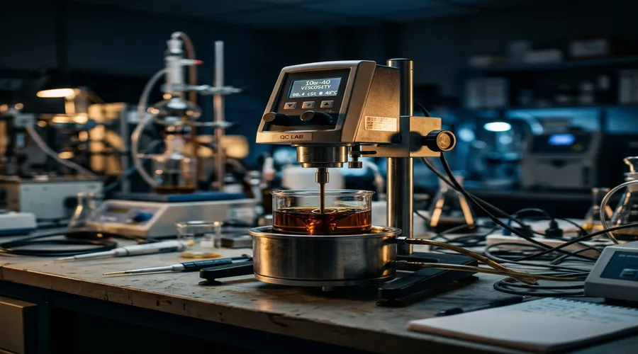 motorcycle oil production process — quality control testing of motorcycle oil viscosity with a viscometer on a laboratory bench | Global Formulation