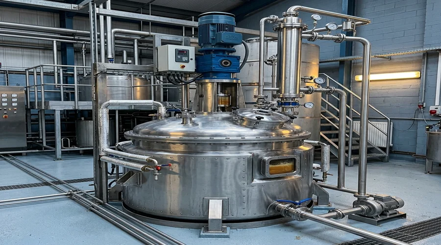 wood varnish manufacturing business equipment setup — varnish blending kettle with condenser and heating jacket in a compact chemical manufacturing unit | Global Formulation