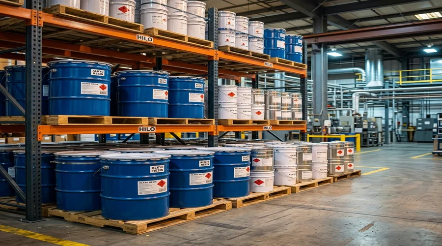 wood varnish manufacturing business production process — alkyd resin drums and solvent containers on a raw material storage rack in a small varnish plant | Global Formulation