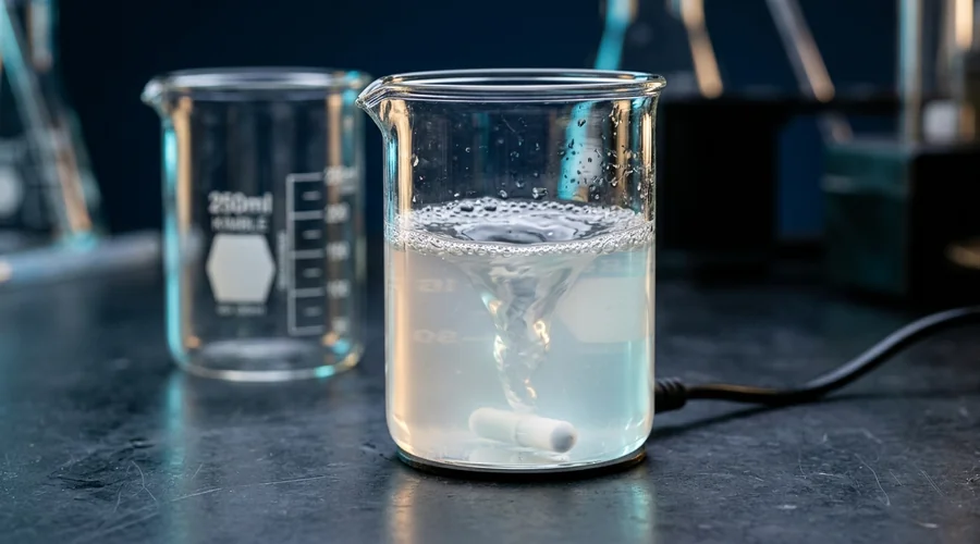 surfactant solution vortex in a glass beaker — stirred shampoo base forming fine micro-bubbles on a dark laboratory bench | Global Formulation