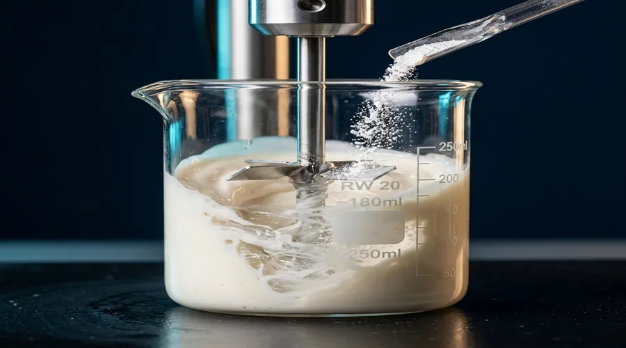 sunscreen photostability process diagram — UV filter powder dispersing into a sunscreen emulsion base | Global Formulation