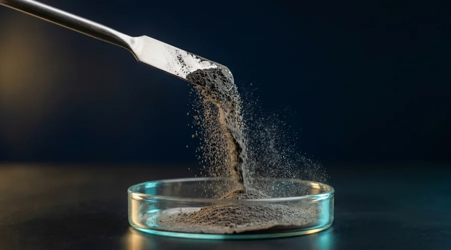 supplementary cementitious materials process diagram — fine grey fly ash powder on a steel spatula | Global Formulation
