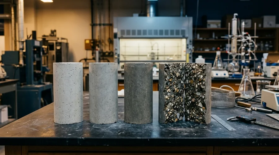 supplementary cementitious materials comparison infographic — concrete test cylinders of different SCM blends on a dark bench | Global Formulation