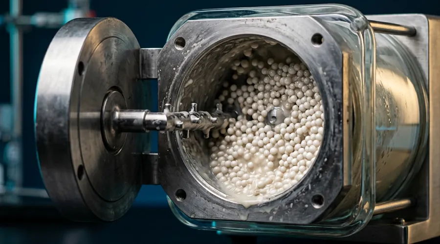 suspension concentrate formulation process diagram — opened bead mill chamber filled with ceramic grinding beads and milky mill base | Global Formulation