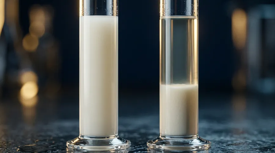 suspension concentrate stability comparison infographic — a uniform opaque suspension beside a settled sample with clear liquid above | Global Formulation
