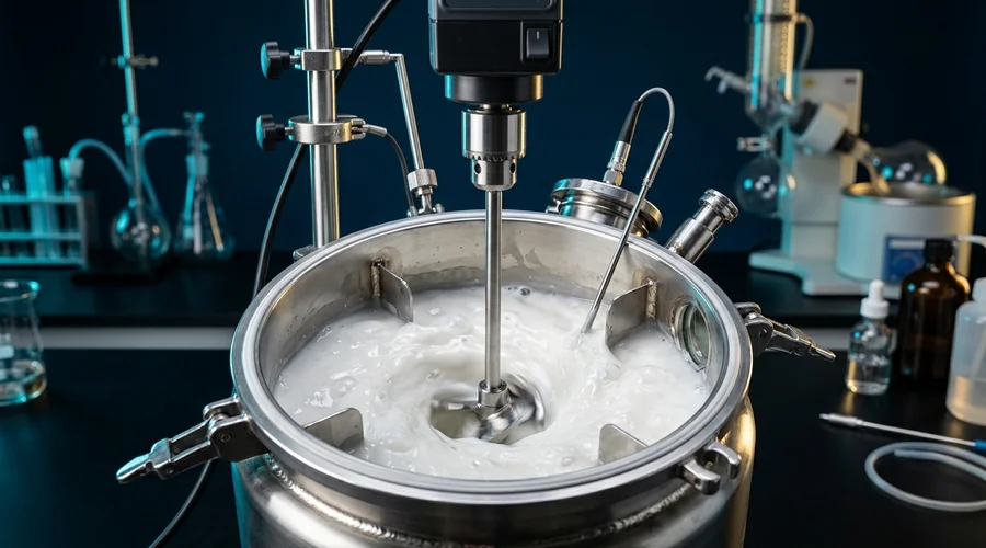 oral liquid pharmaceutical formulation process diagram — oral liquid formulation being mixed in a lab vessel | Global Formulation diagram