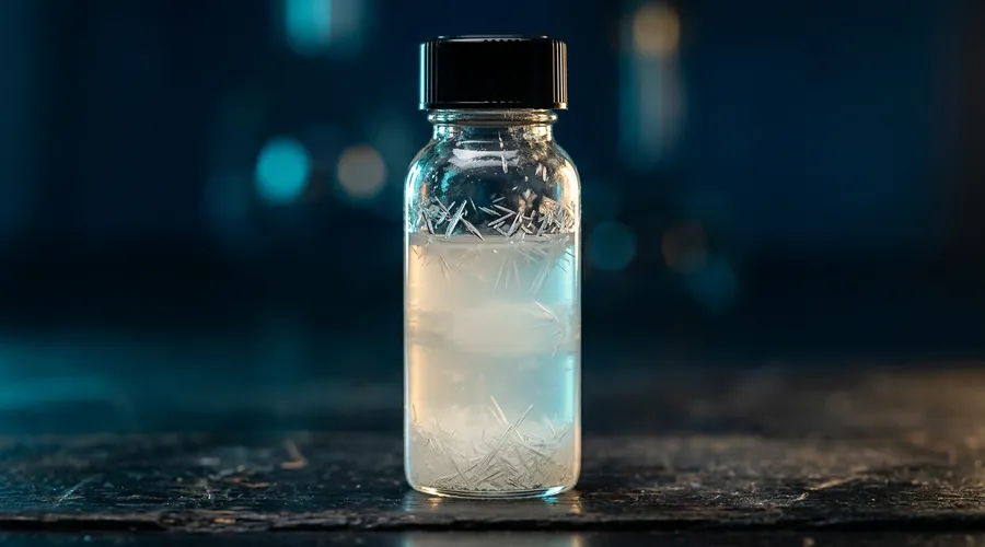 suspoemulsion formulation process diagram — crystal growth on the wall of a glass vial holding a mixed formulation | Global Formulation