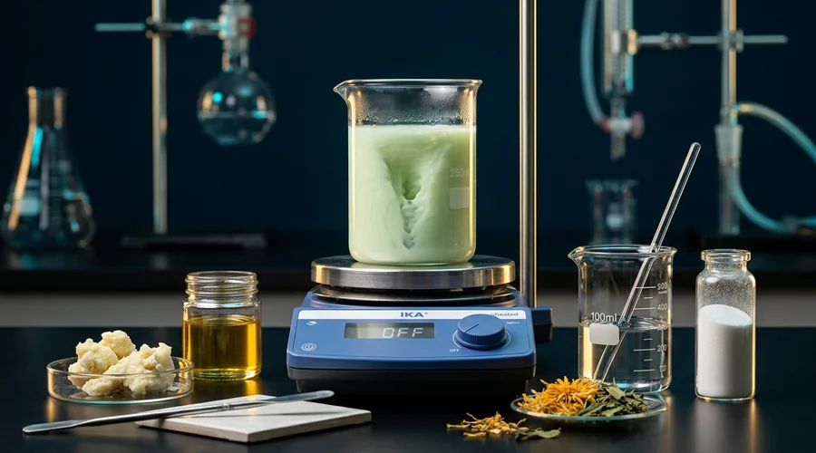 green chemistry cosmetics process diagram — plant-derived raw materials and a cold-process emulsification setup on a laboratory bench | Global Formulation