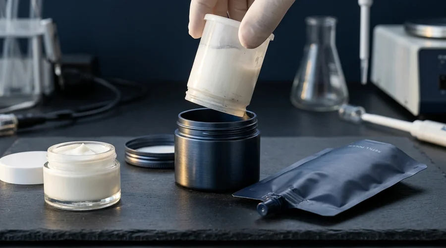 refillable packaging cosmetics technology — a durable aluminium cosmetic container beside a lightweight refill pouch and an inner cartridge on a lab bench | Global Formulation