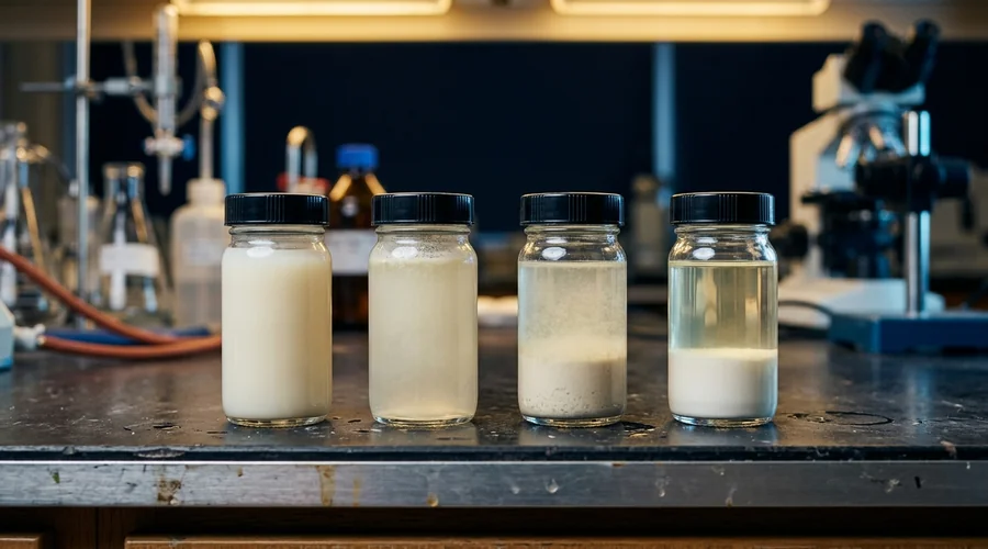 tank mix compatibility comparison infographic — sequence of mixing jars showing progressive separation on a dark bench | Global Formulation