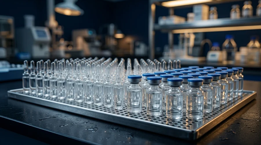 terminal sterilization vs aseptic processing comparison infographic — sealed glass ampoules and vials on a stainless steel tray | Global Formulation