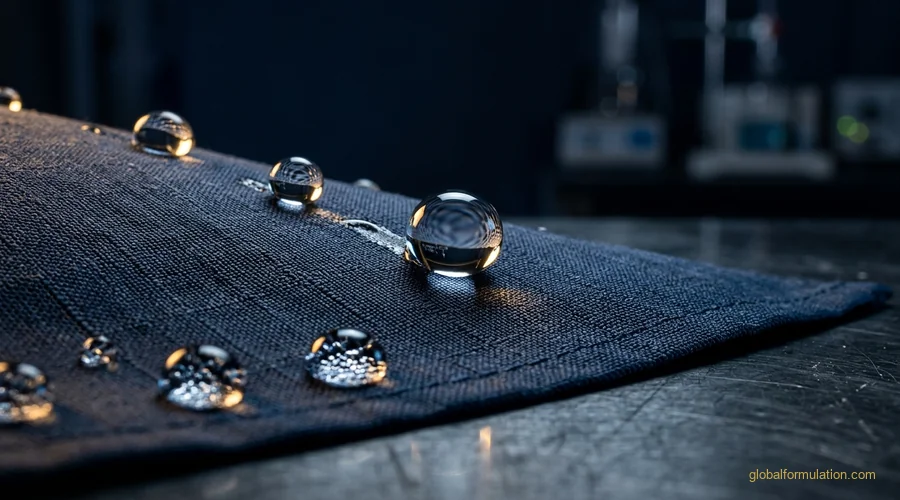 water repellent fabric finish — water droplets beading on treated technical textile surface | Global Formulation