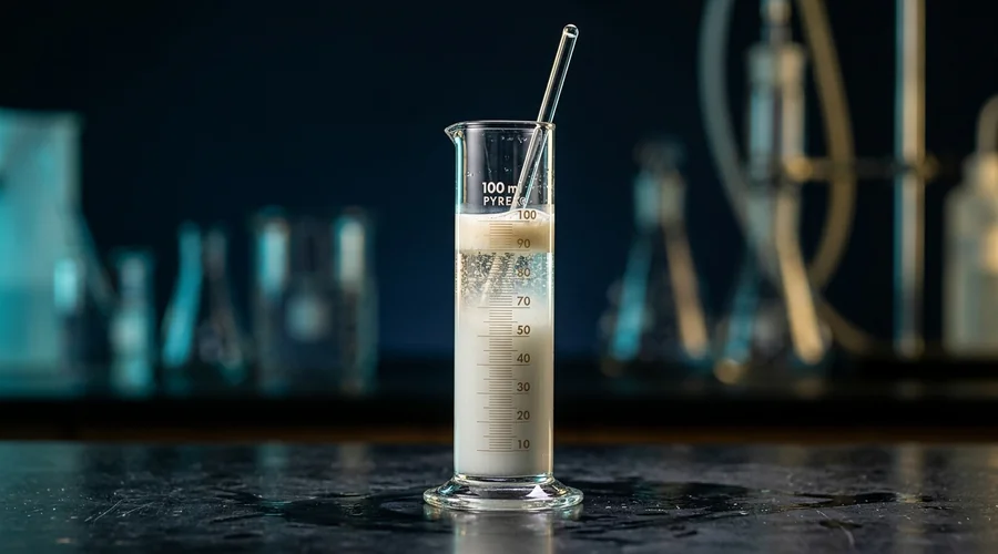 spin finish emulsion chemistry — an oil-in-water finish emulsion separating into a fine milky dispersion and a clear layer in a glass cylinder on a dark laboratory bench | Global Formulation diagram