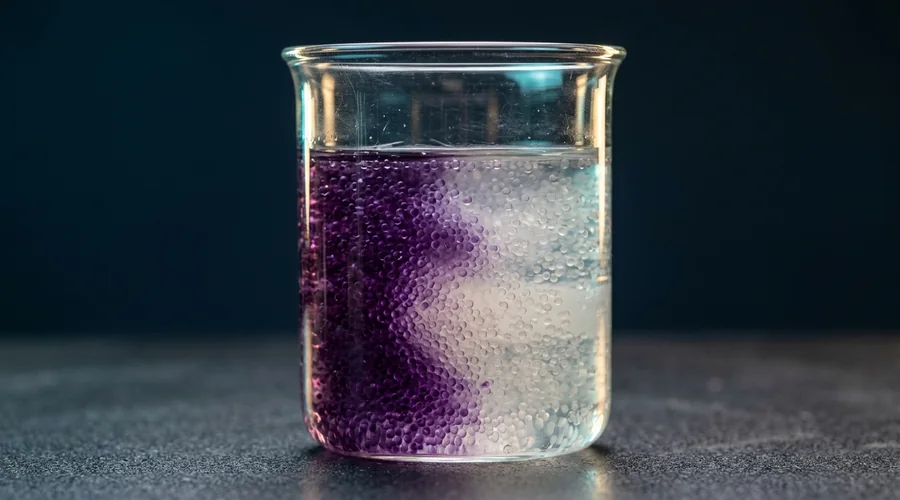 leuco dye microcapsule diagram — a glass beaker containing translucent microcapsules suspended in a clear switching solvent, half the capsules colored deep purple and half faded, resting on a dark laboratory bench | Global Formulation diagram