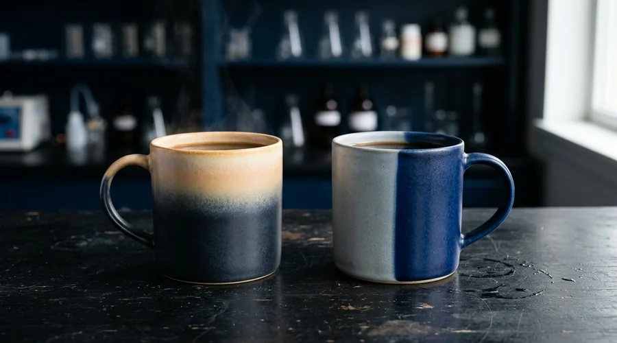 thermochromic vs photochromic paint comparison infographic — two coated ceramic mugs side by side on a dark bench, one showing a heat-triggered color gradient and the other showing UV-exposed color development near a window | Global Formulation infographic