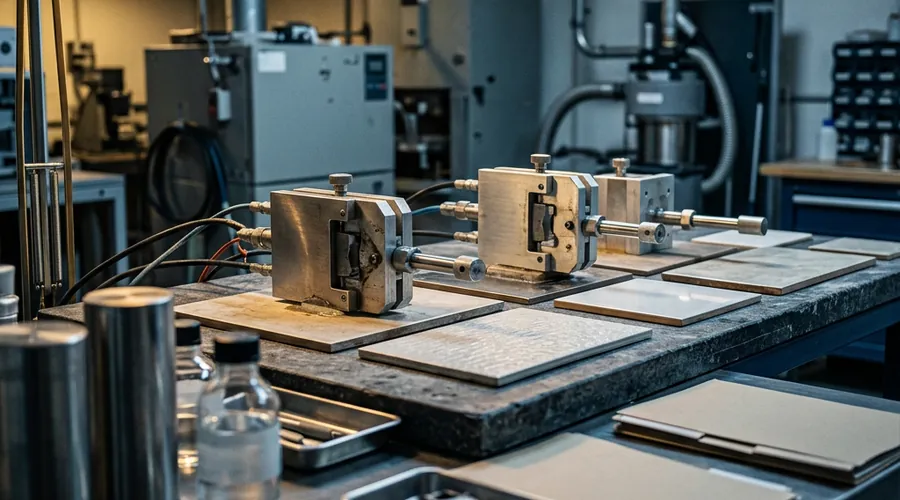 tile adhesive standards testing comparison infographic — tensile test fixtures on bonded tile samples on a laboratory bench | Global Formulation