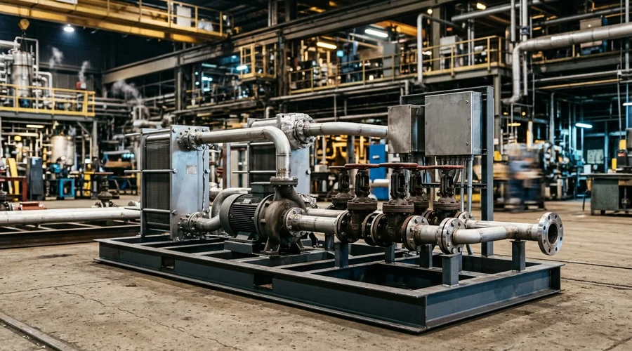 Turnkey project production scene — skid-mounted process unit with pump, plate heat exchanger and valve manifold installed in a plant bay | Global Formulation