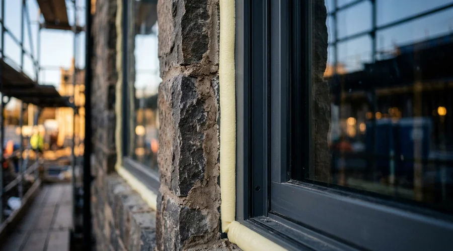 expanding foam insulation sealant — cured foam filling the joint around a window frame trimmed flush | Global Formulation