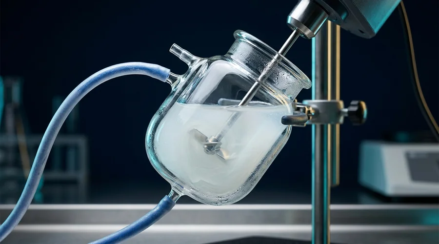 vaccine adjuvant formulation process diagram — an aluminium adjuvant suspension being blended with antigen in a jacketed pharmaceutical mixing vessel | Global Formulation