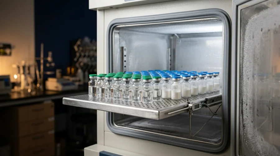 thermostable vaccine formulation testing — sealed vaccine vials on a tray inside a temperature-controlled pharmaceutical stability chamber | Global Formulation