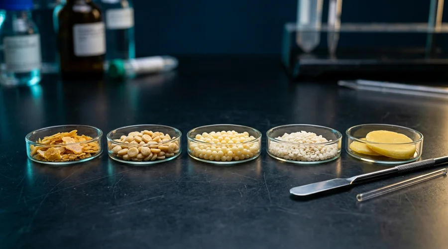 vegan cosmetic formulation ingredient substitution — plant wax and beeswax samples compared on a lab bench | Global Formulation