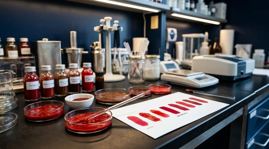 vegan colour cosmetic formulation — iron oxide and synthetic pigment dispersion being shade-matched against a carmine reference | Global Formulation