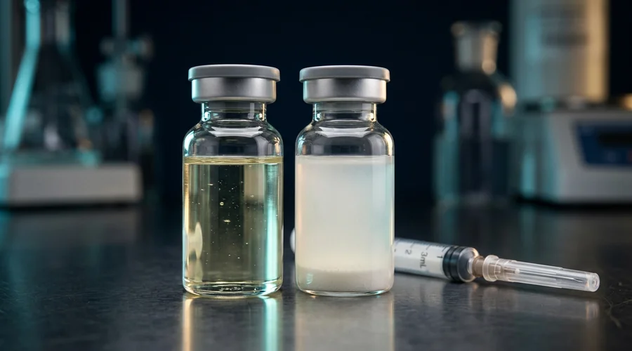 veterinary injectable depot process diagram — multi-dose vials of oil solution and settled aqueous suspension on a laboratory bench | Global Formulation
