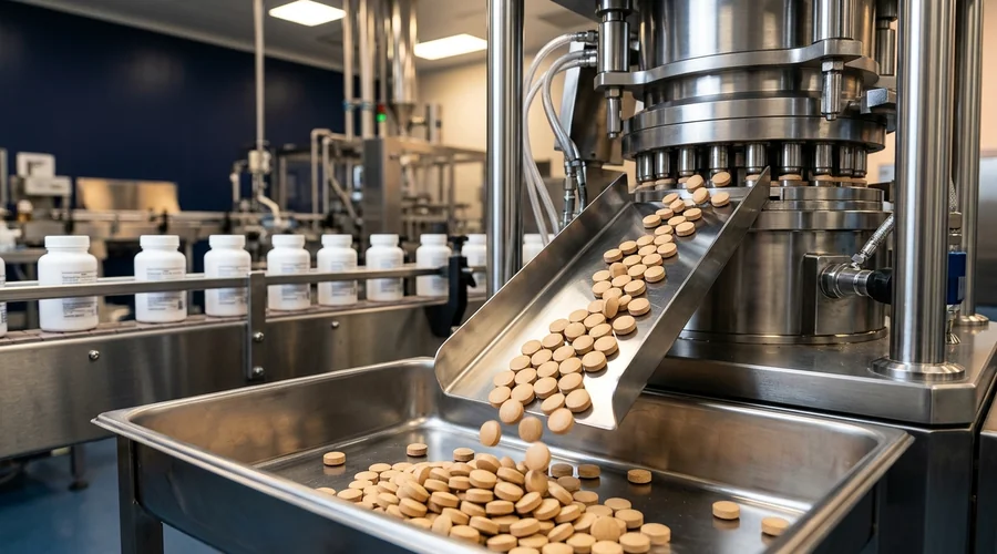 veterinary dosage form manufacturing comparison infographic — rotary press producing chewable tablets beside a bottle filling line | Global Formulation