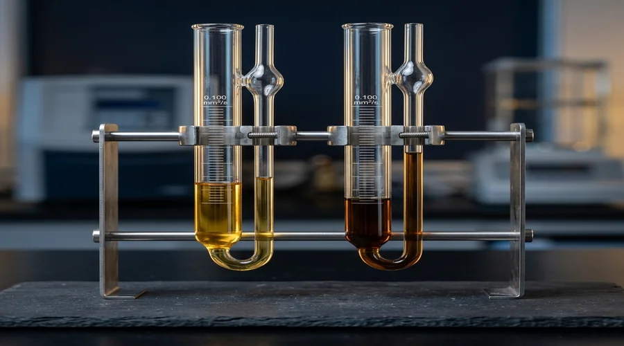 engine oil viscosity breakdown root cause diagram showing fresh versus sheared oil samples in laboratory viscometer tubes | Global Formulation