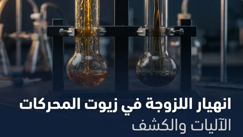 انهيار لزوجة زيت المحرك — عيّنة زيت رقيقة متعرضة للقص تجري بجوار عيّنة زيت طازج سميكة في أنابيب زجاجية | Global Formulation