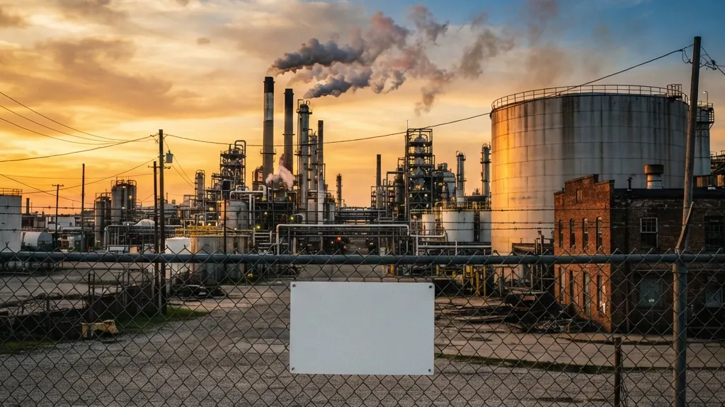 Complejo industrial al atardecer con varias chimeneas que emiten humo, un gran tanque de almacenamiento y edificios de ladrillo tras una cerca