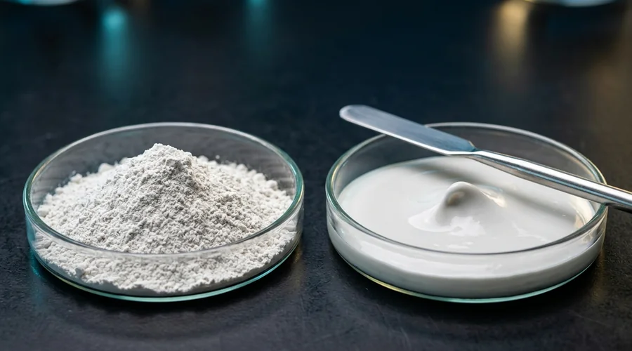wall putty raw materials process diagram — white putty powder and mixed paste in glass dishes | Global Formulation