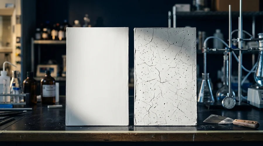 wall putty finish comparison infographic — smooth and defective skim coat panels under raking light | Global Formulation