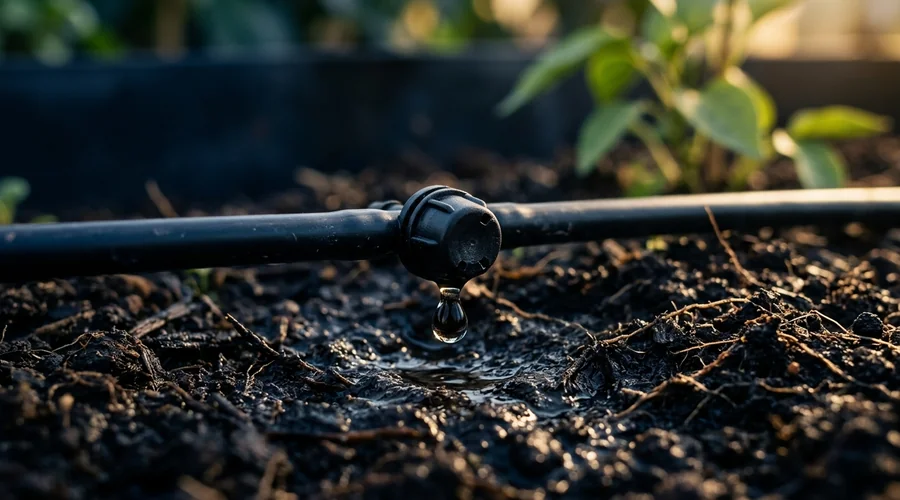 water soluble fertilizer process diagram — drip irrigation emitter releasing droplets onto dark soil | Global Formulation
