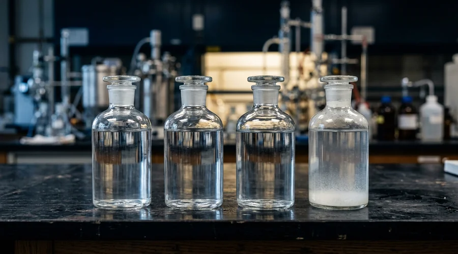 water soluble fertilizer comparison infographic — clear fertilizer stock solutions in laboratory bottles on a dark bench | Global Formulation