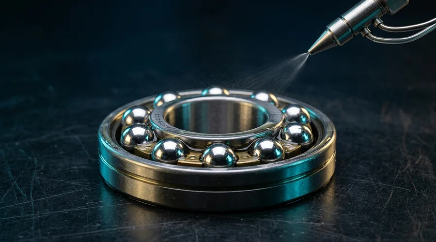 precision spindle oil lubrication application process diagram — a clear thin oil film being metered into a precision ball bearing assembly mounted in a spindle housing on a dark bench | Global Formulation diagram