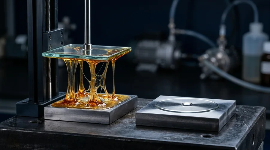 way lubricant tackiness test — macro photography comparing high-tack way oil drawing elastic filaments against instant-spreading clear spindle oil | Global Formulation infographic