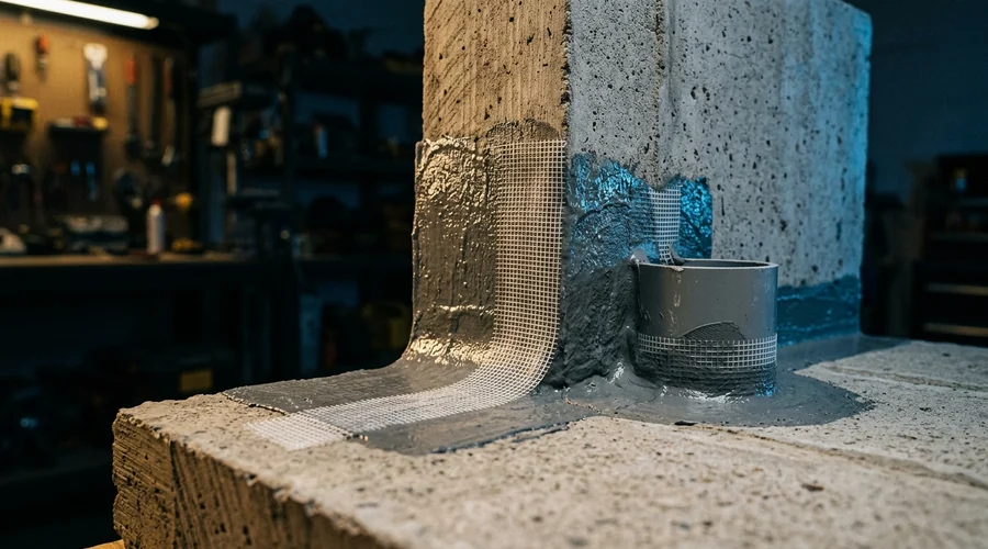 bathroom waterproofing system process diagram — waterproofing detail at a floor-to-wall junction with reinforcing tape | Global Formulation