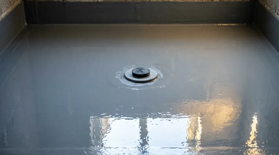 bathroom waterproofing system comparison infographic — ponded water test on a freshly waterproofed floor area | Global Formulation