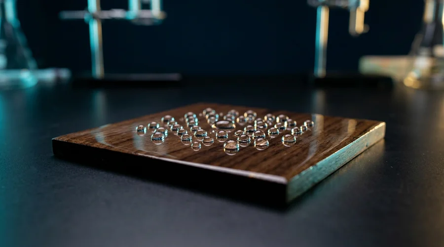 silicone furniture polish dimethicone film — droplets of silicone polish beading on a polished wood surface in a laboratory setting | Global Formulation