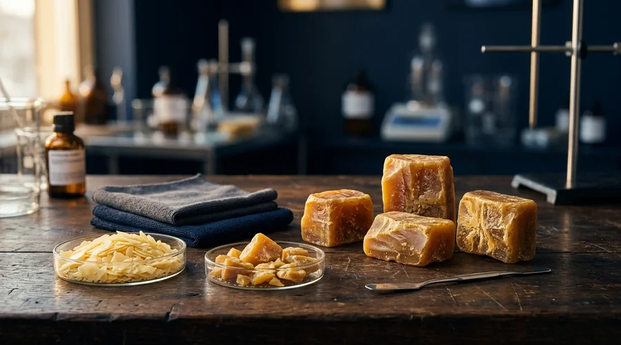 carnauba wax polish formulation — blocks of natural carnauba wax and polishing cloths arranged on a workshop bench | Global Formulation