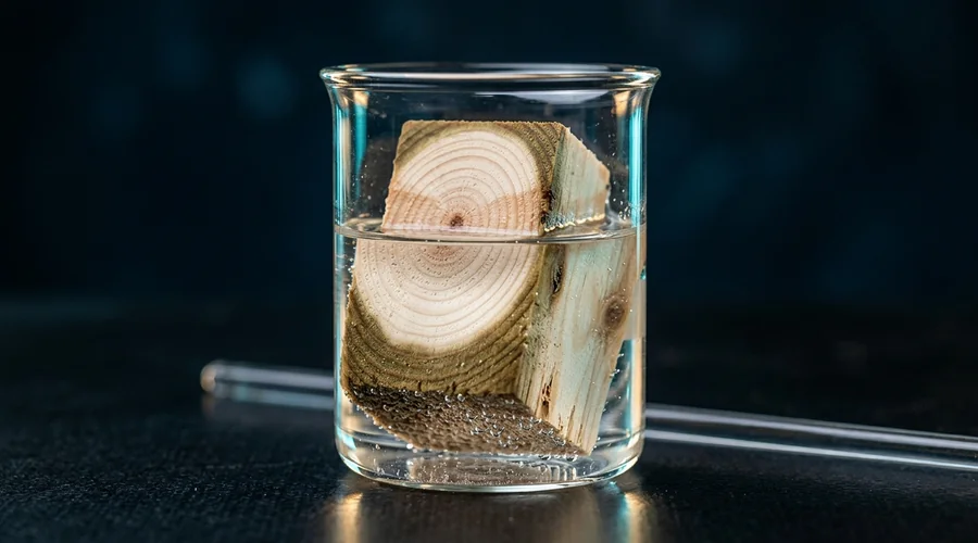 borate wood preservative diffusion — timber cross-section partly immersed in borate solution inside a glass beaker on a dark bench | Global Formulation