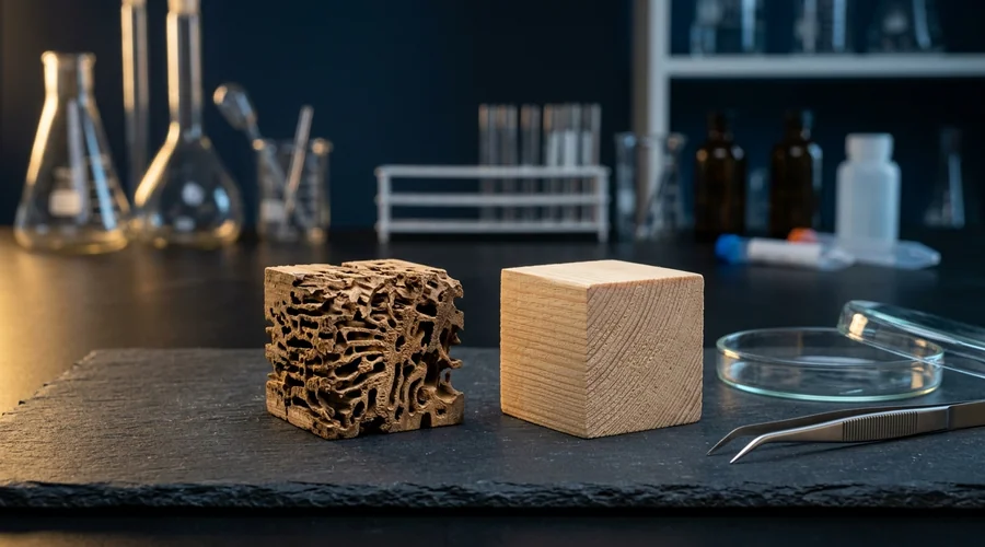 termite-resistant wood treatment comparison — two timber blocks, one with termite feeding galleries and one intact, beside a petri dish | Global Formulation